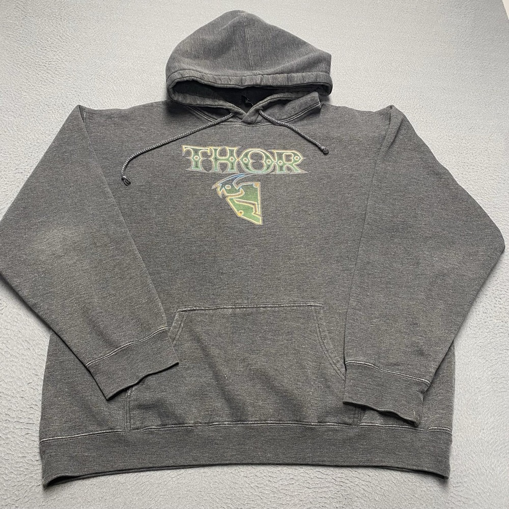 VTG Thor Hoodie Sweatshirt Mens XL Gray Fleece Pullover Kangaroo Pocket Graphic